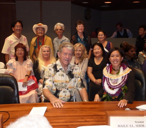 Back row – Gerald Kita, Puna Ka`aiali`i-Ramos, Gege Kawelo, Laurie Lawrence, EJ Brown; Middle Row – Faith Arakawa, Cathy Outland, Jessie Torres, Sandie Morimoto; Front Row – Brooks Outland, Maile. Click the images to enlarge. Click here to view more pictures from Opening Day (January 2011) taken by Cathy Outland.